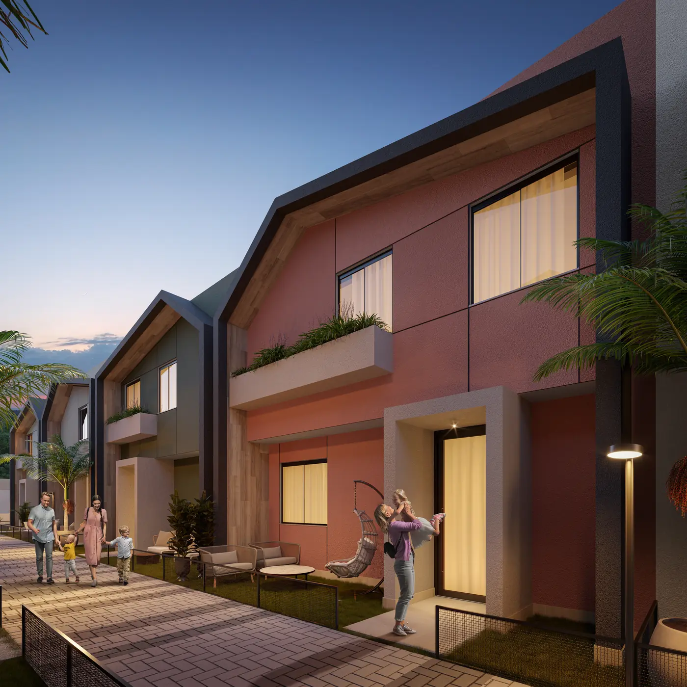 Fachada das casas de 3 quartos, com varanda no andar de cima