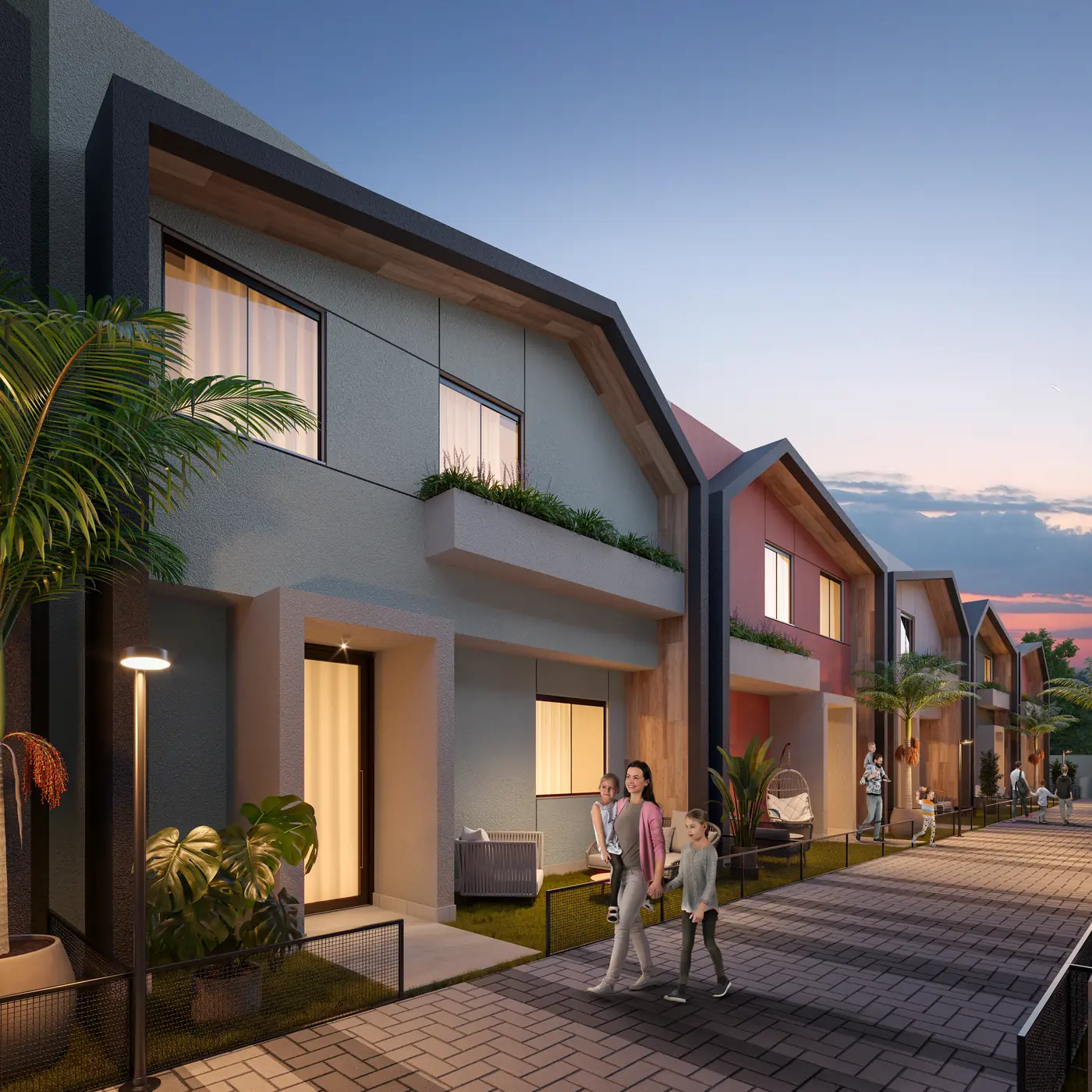 Fachada das casas de 4 quartos, com a alameda arborizada
