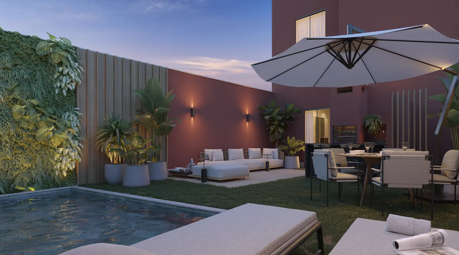 Garden gourmet com ombrelone, sofás e piscina opcional