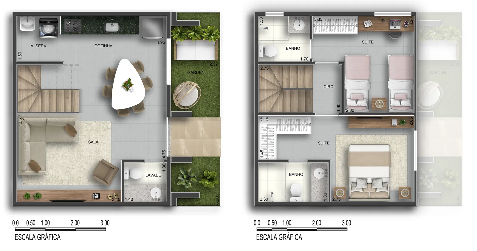 Planta do térreo e do andar de cima: casa de 2 suítes