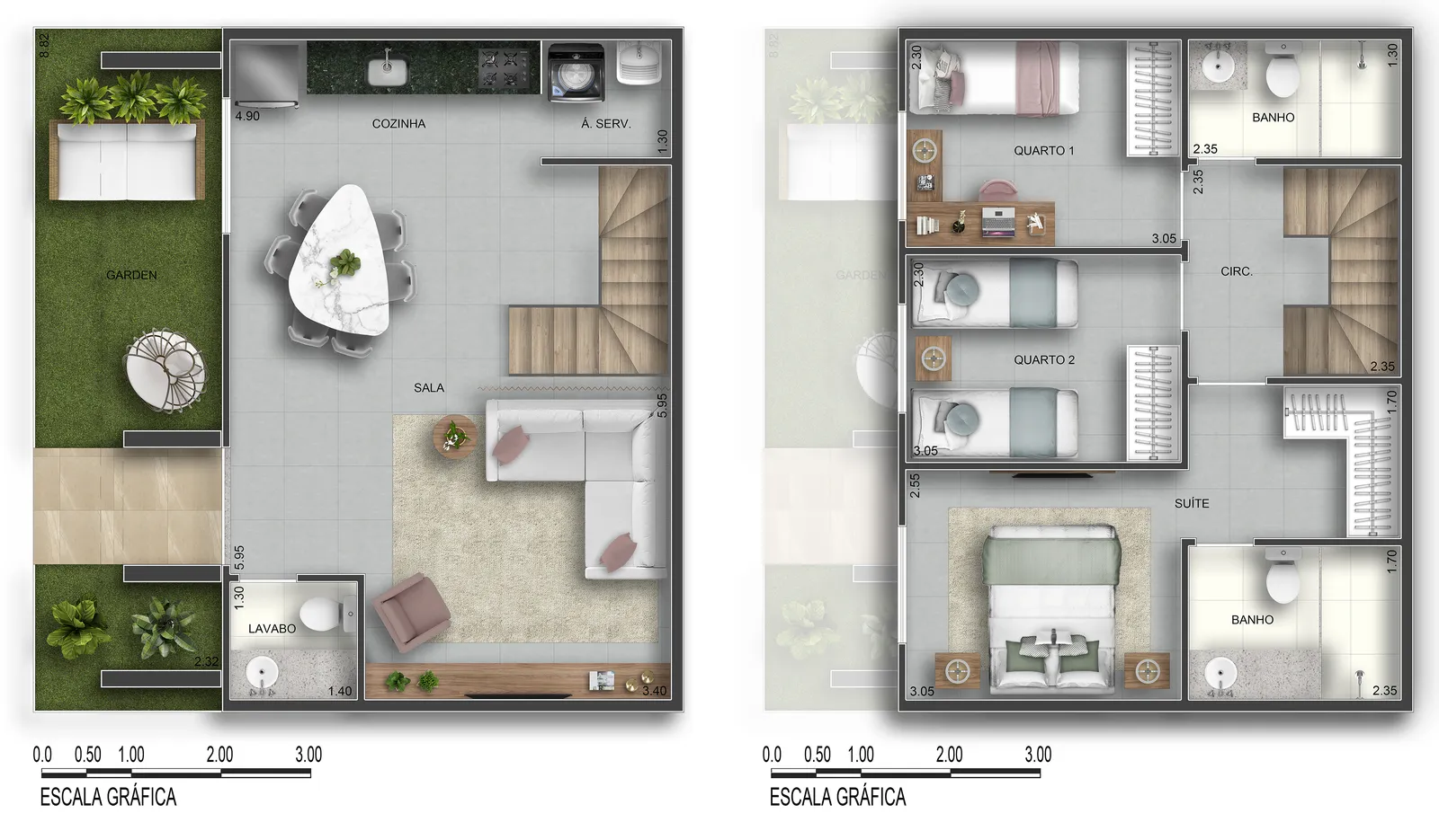 Planta do térreo e do andar de cima: casa de 3 quartos