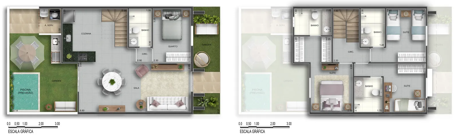 Planta do térreo e do andar de cima: casa de 4 suítes