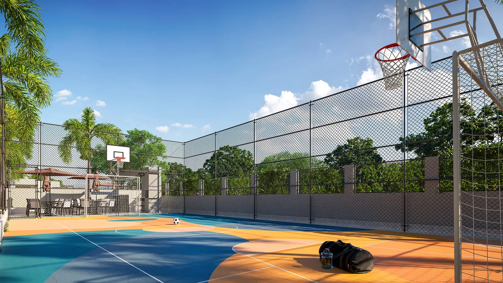 Quadra poliesportiva azul e laranja com cesta de basquete