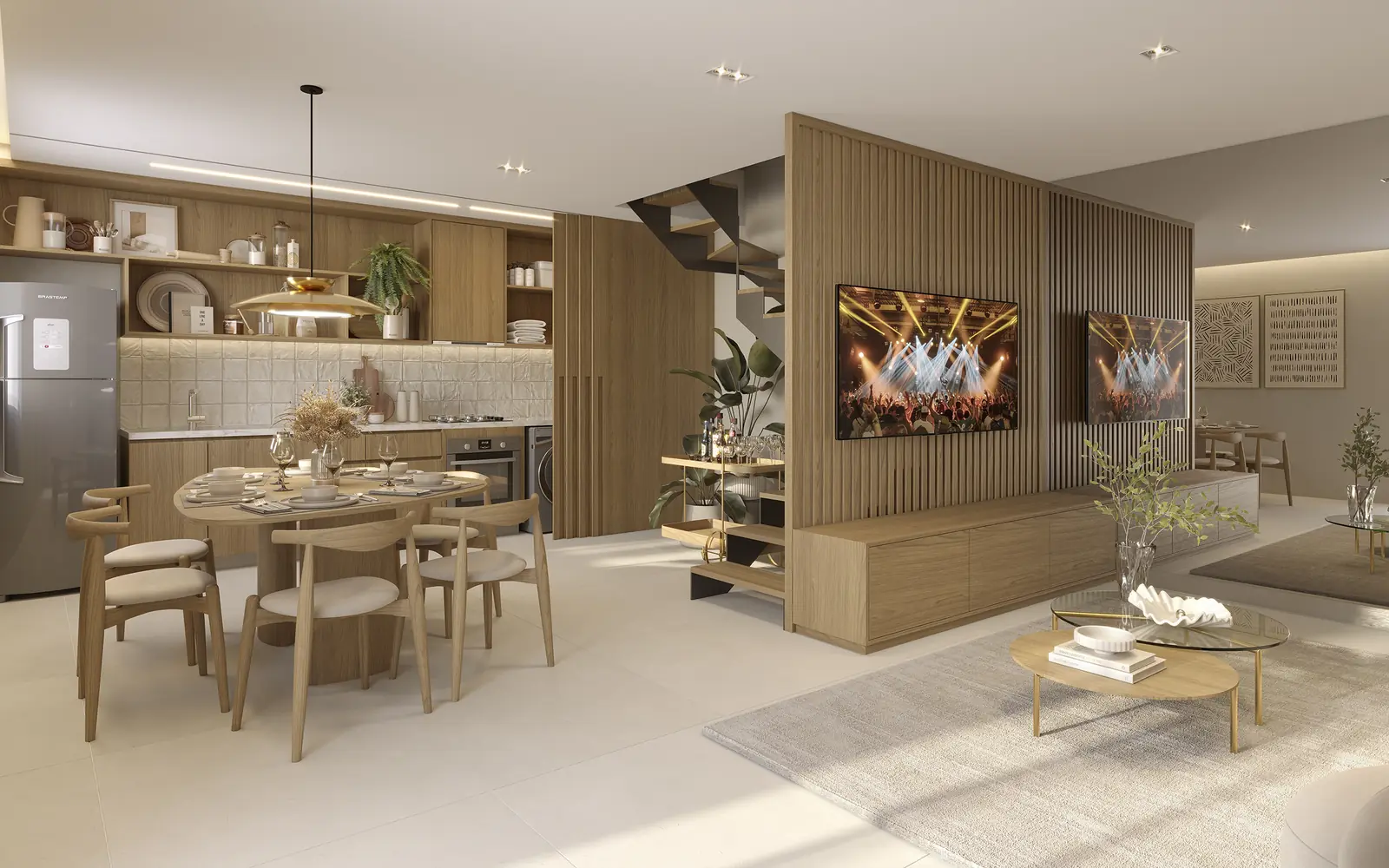 Sala e cozinha integradas da casa de 3 quartos, com mesa de jantar