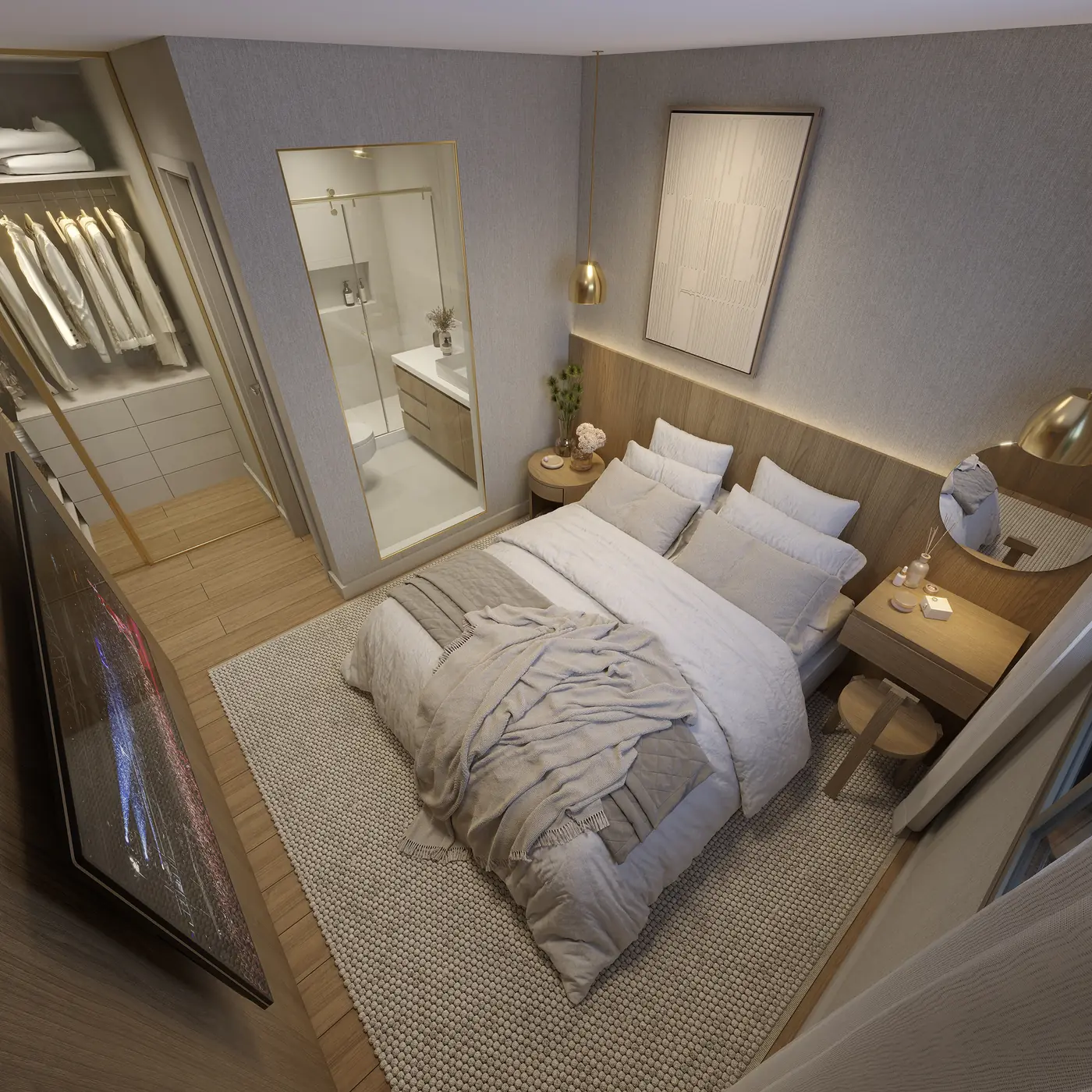 Suíte master com cama de casal e marcenaria em madeira