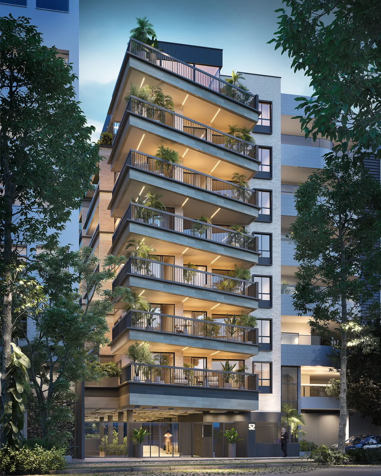A torre do H.U.M na Rua Humaitá, com varandas e jardineiras