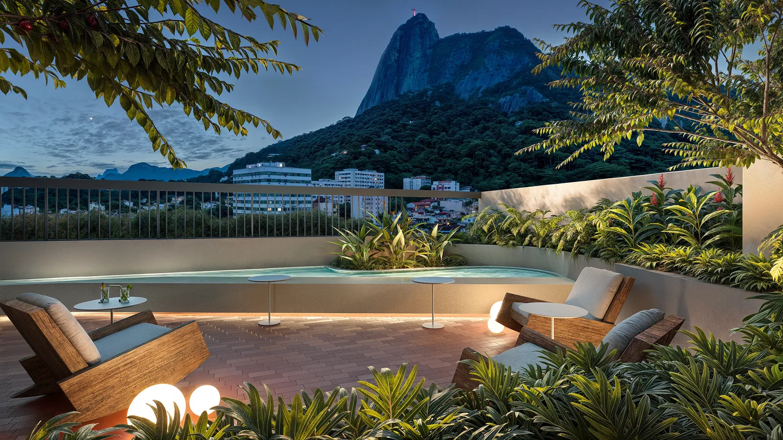O espaço zen no rooftop do bloco 3, com o Corcovado ao fundo