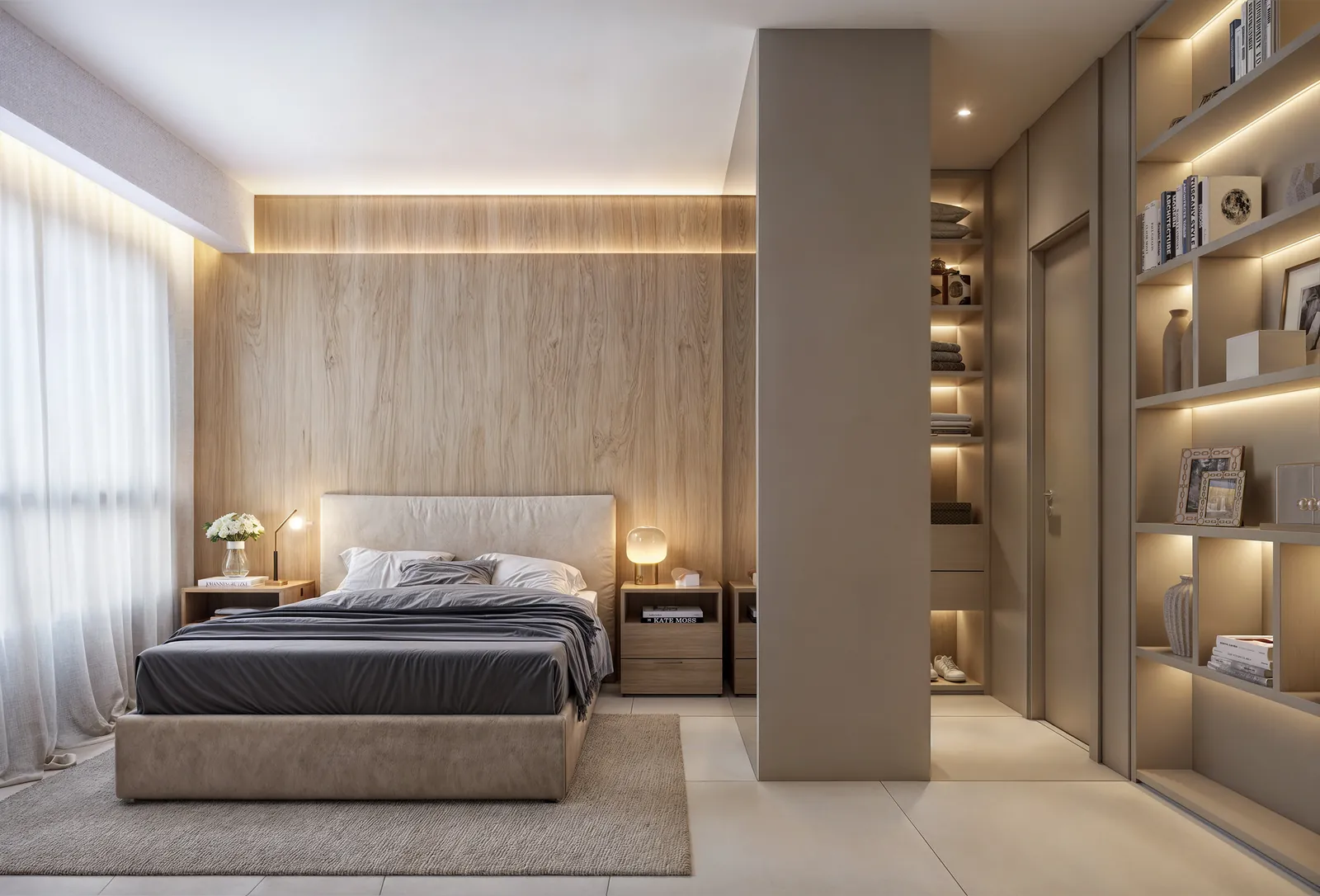 A suíte de um apartamento do H.U.M, com cama de casal e estante iluminada