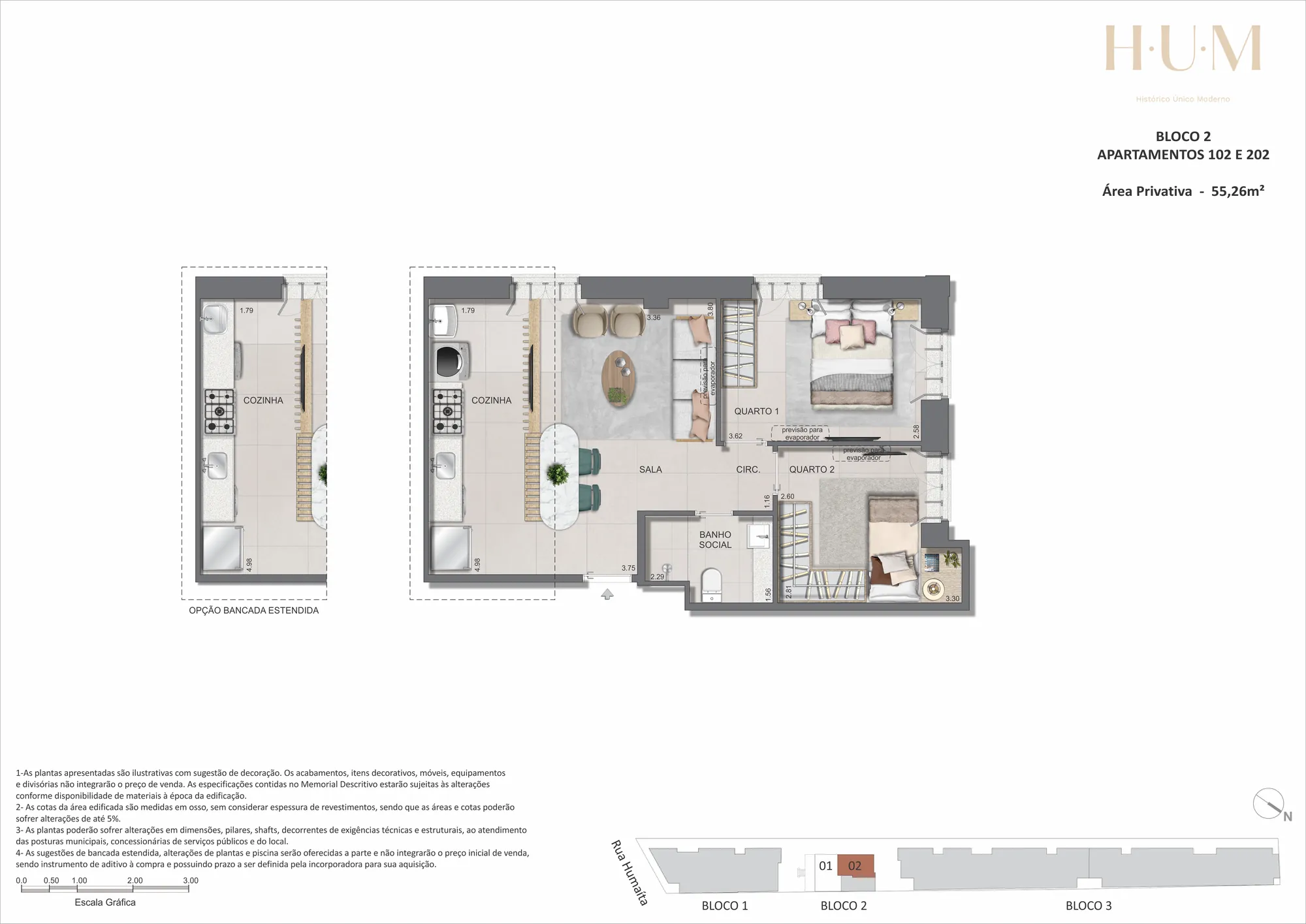 Planta humanizada: 2 quartos de 55 m² do H.U.M