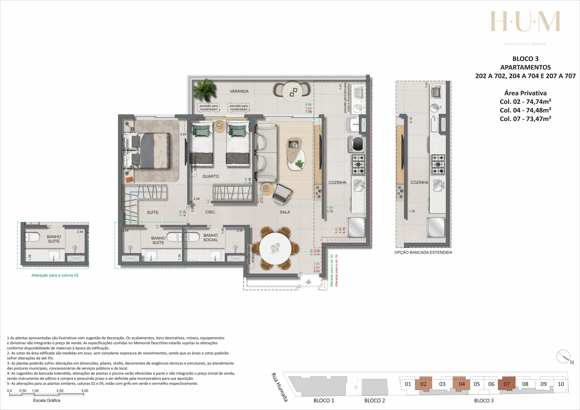 Planta humanizada: 2 quartos de 74 m² do H.U.M