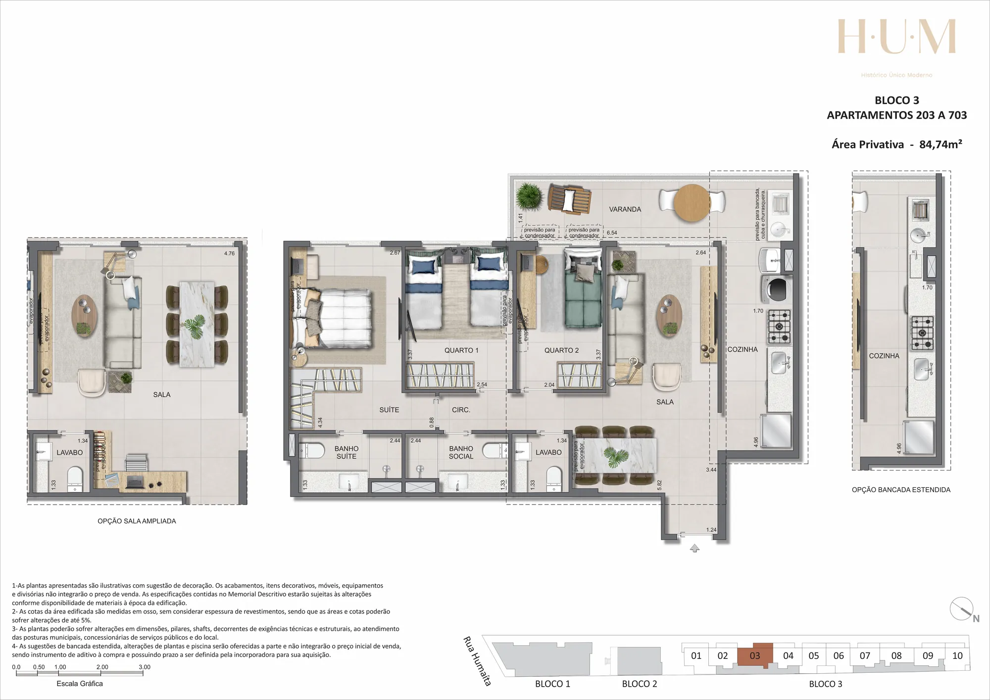 Planta humanizada: 3 quartos de 85 m² do H.U.M