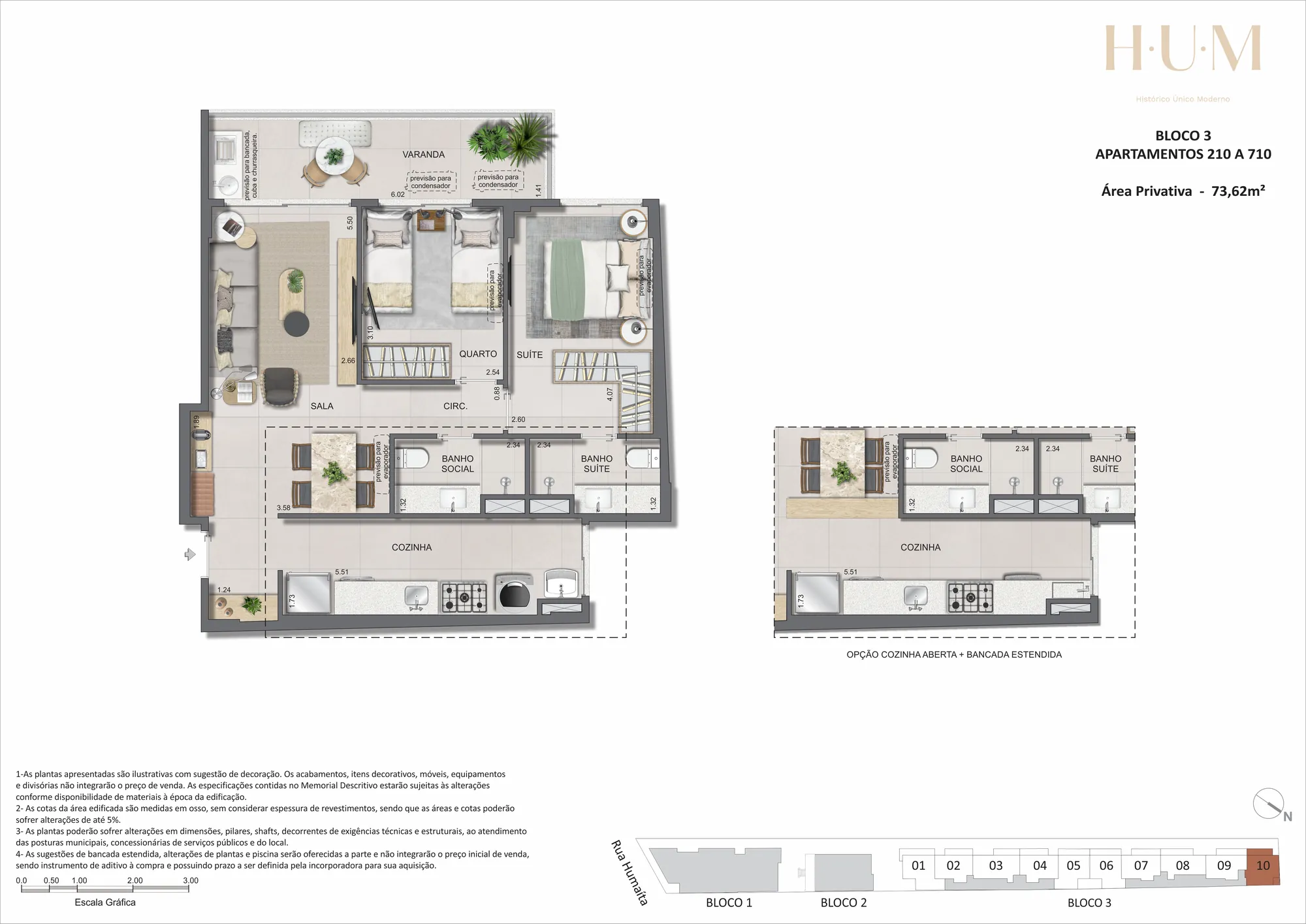 Planta humanizada: 2 quartos de 73 m², vista cristo do H.U.M