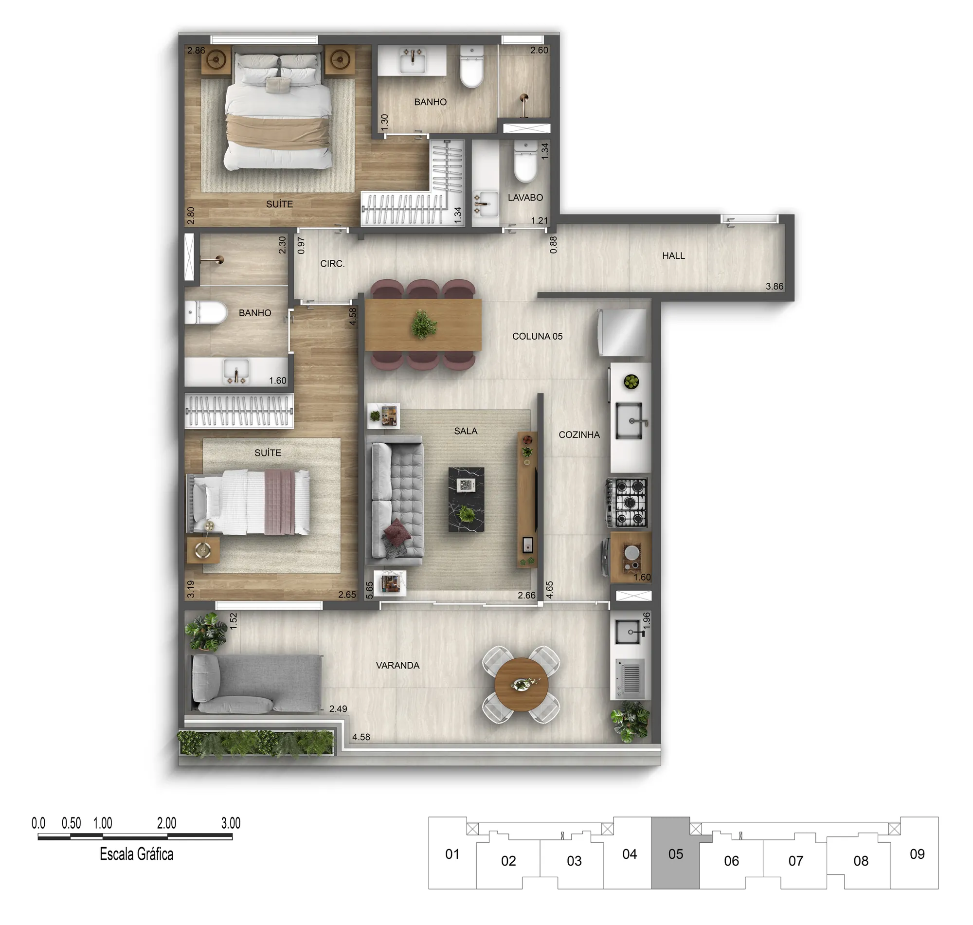 Planta humanizada: 2 suítes do Ibiúna