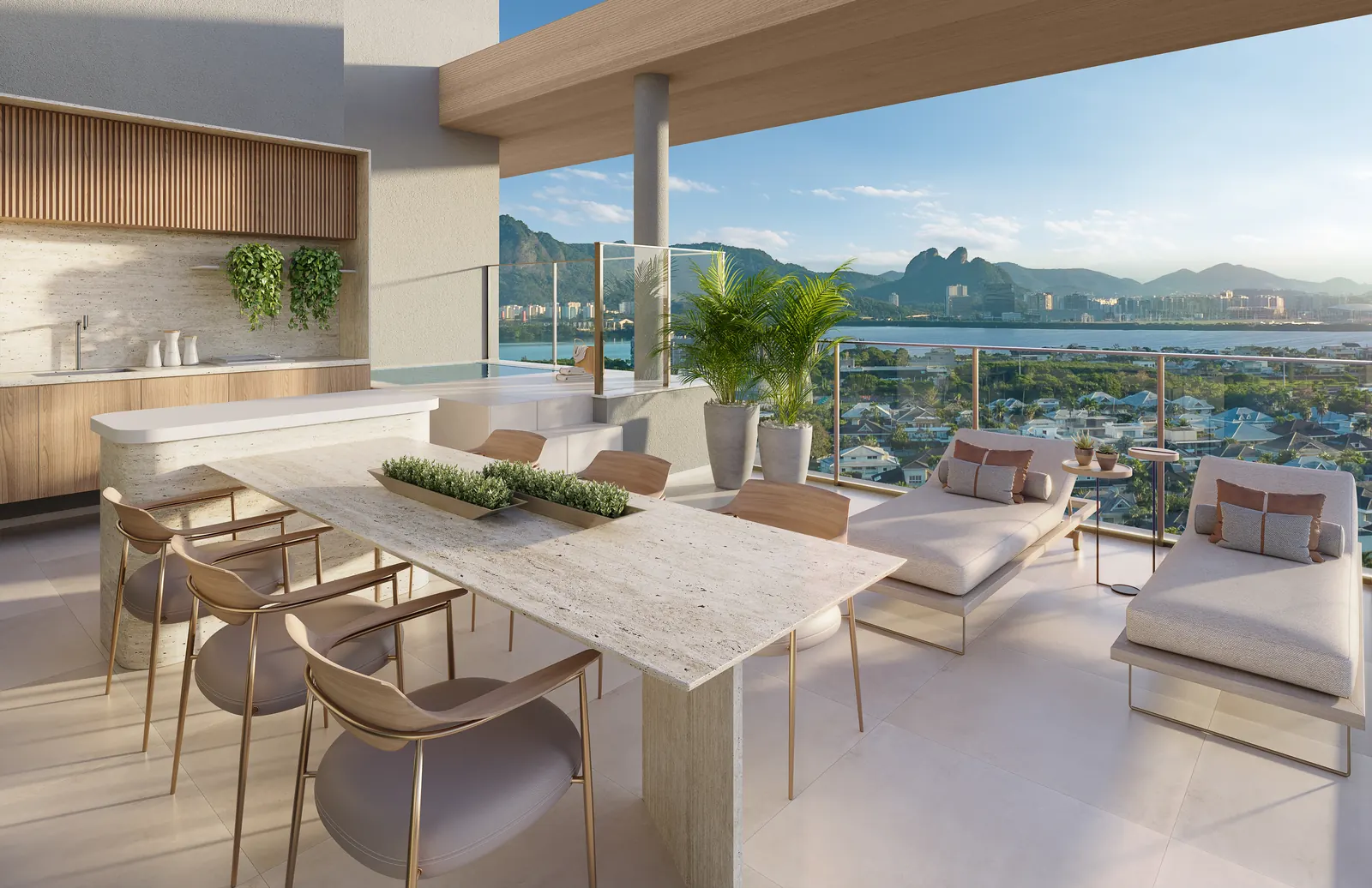 Perspectiva do terraço de uma cobertura, com mesa e vista para as montanhas