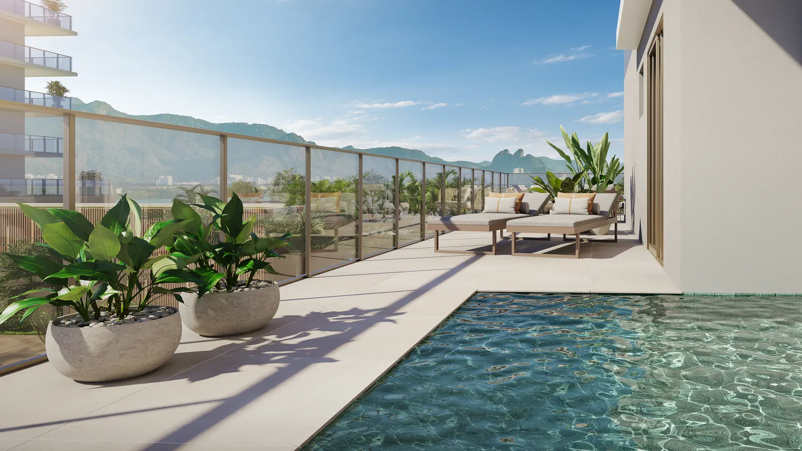 Perspectiva do terraço de uma garden house, com piscina privativa
