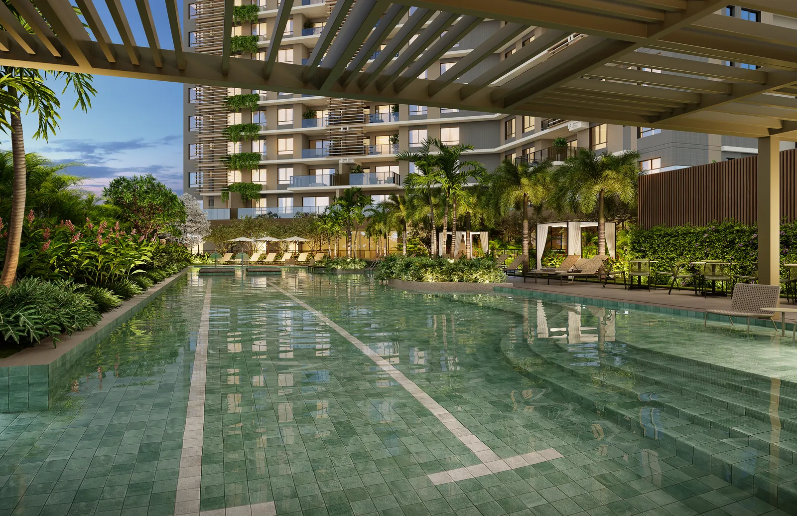 Perspectiva da piscina adulto com raia de 25 metros, entre coqueiros