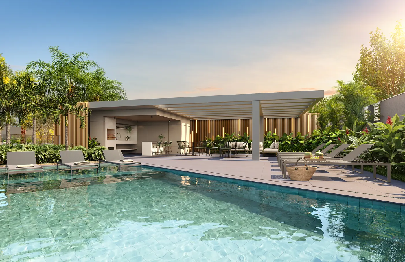 Perspectiva da pool house com piscina e pergolado