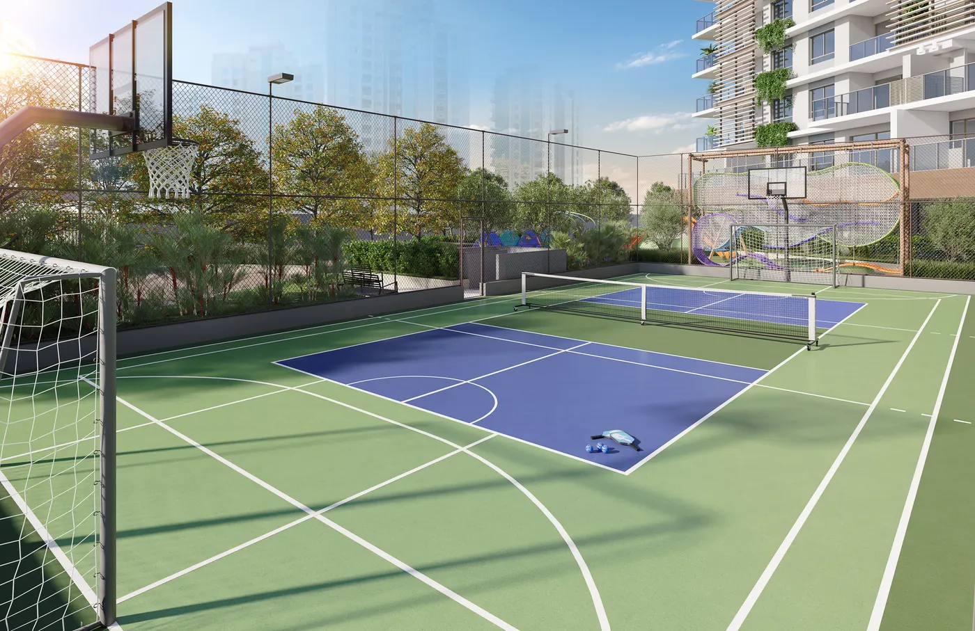 Perspectiva da quadra recreativa com marcação de pickleball