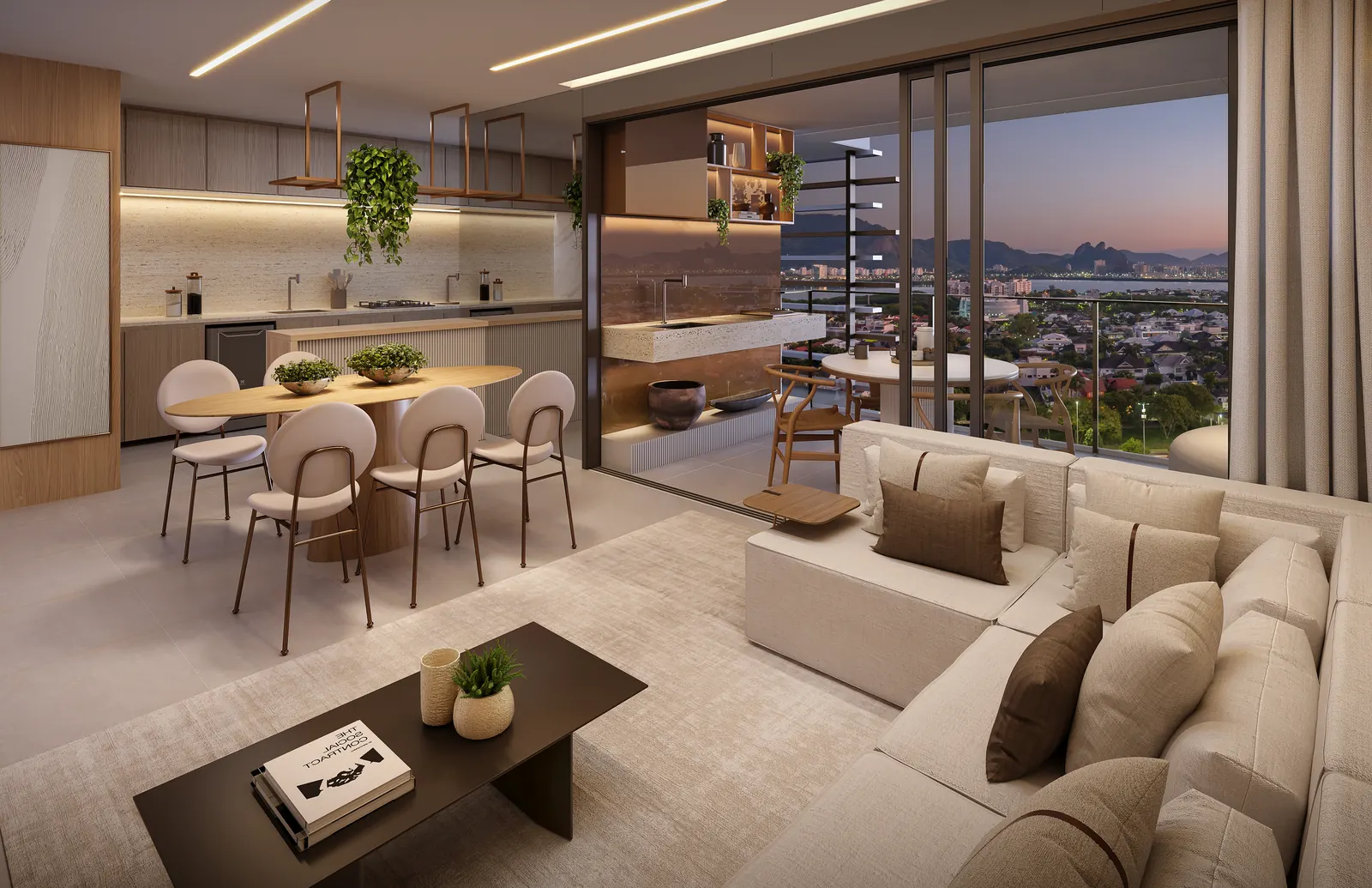 Perspectiva da sala de um apartamento de 3 suítes, integrada à varanda