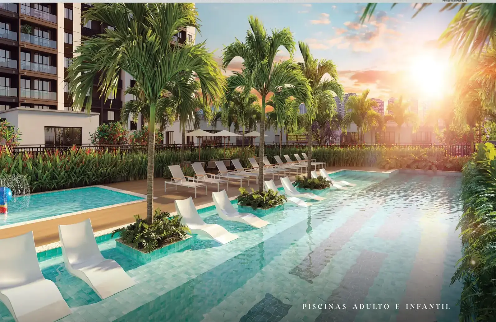 Deck molhado da piscina ao entardecer, com espreguiçadeiras dentro d'água
