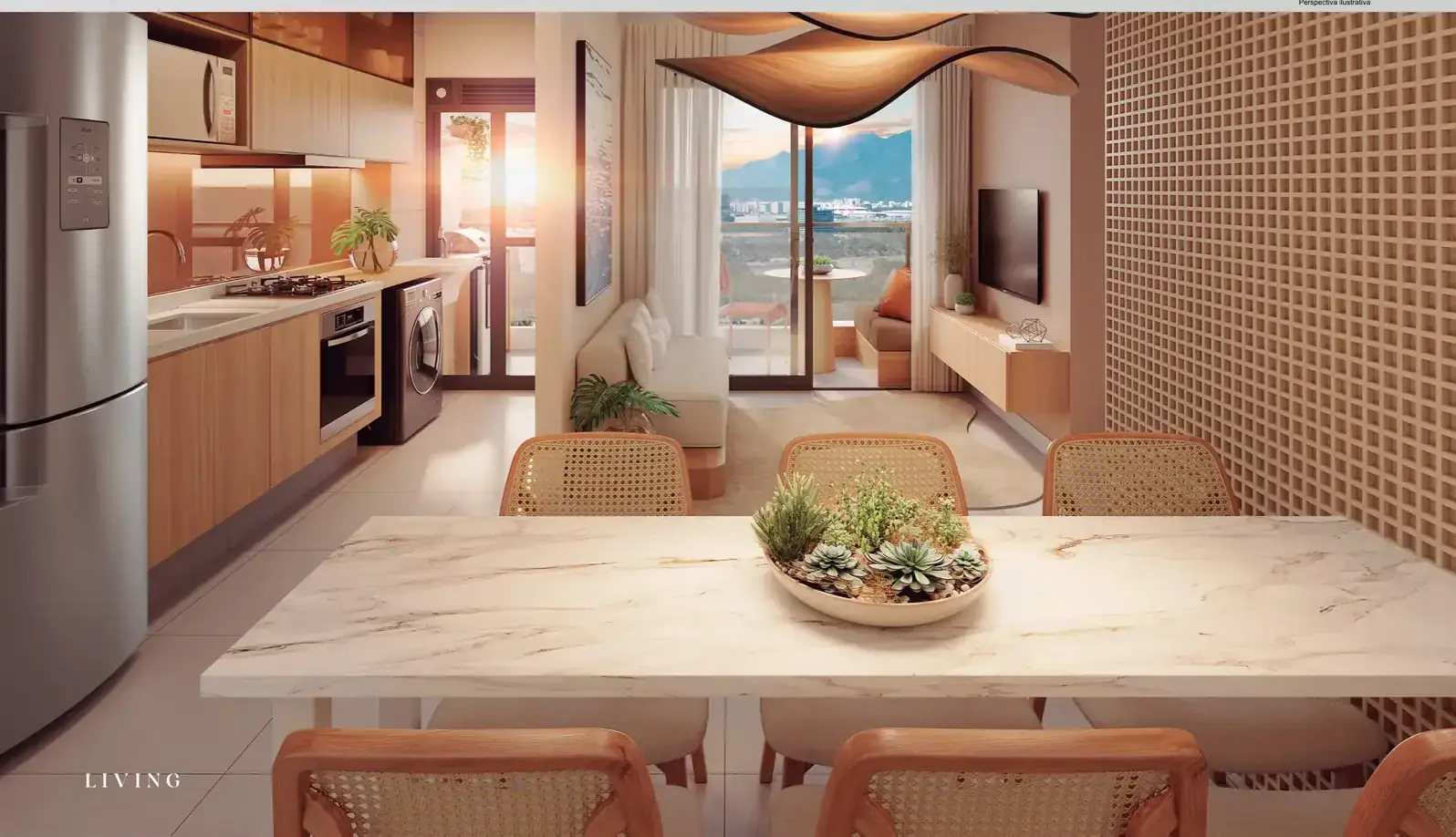 Living decorado com cozinha integrada, mesa de jantar e varanda