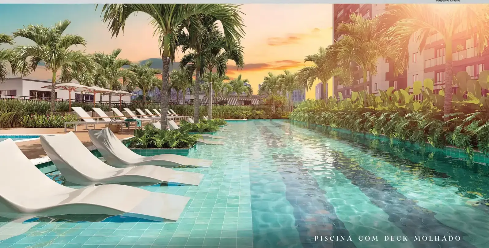 Piscinas adulto e infantil com deck molhado ao pôr do sol