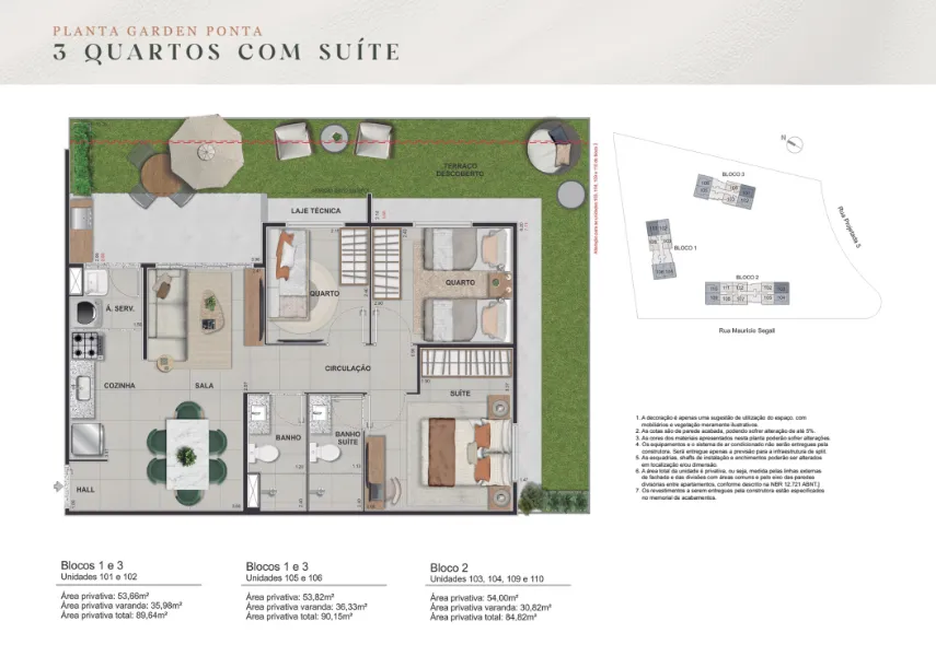 Planta: garden 3 quartos com suíte