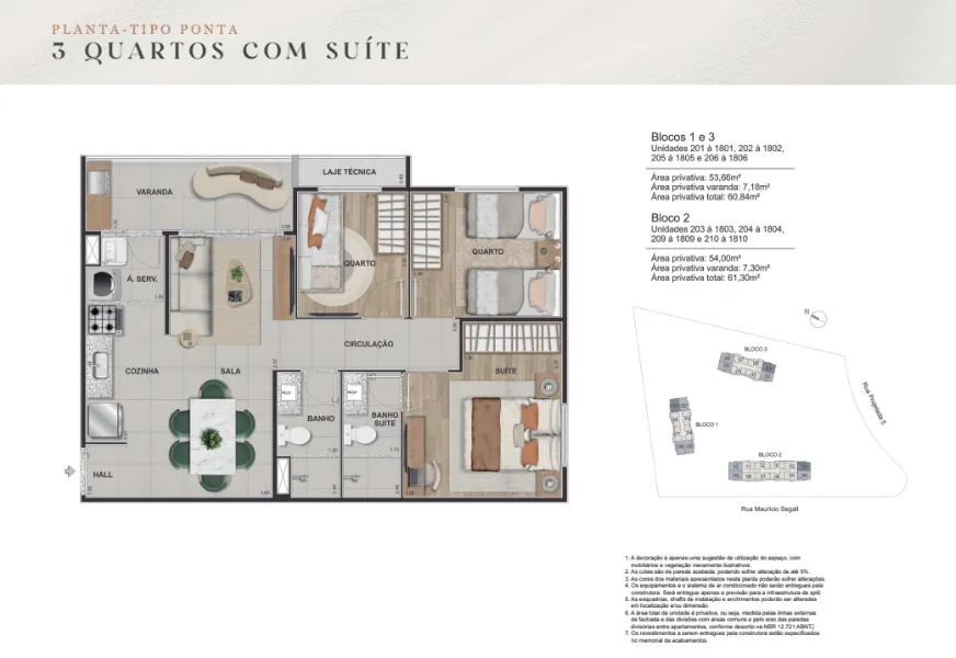 Planta: 3 quartos com suíte