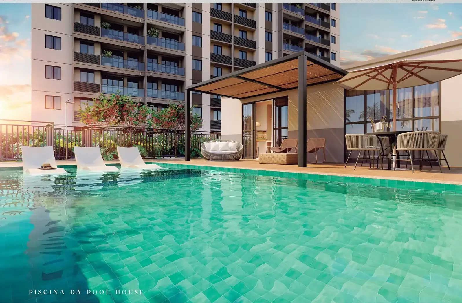 Piscina da Pool House, ao lado da edícula gourmet com pergolado