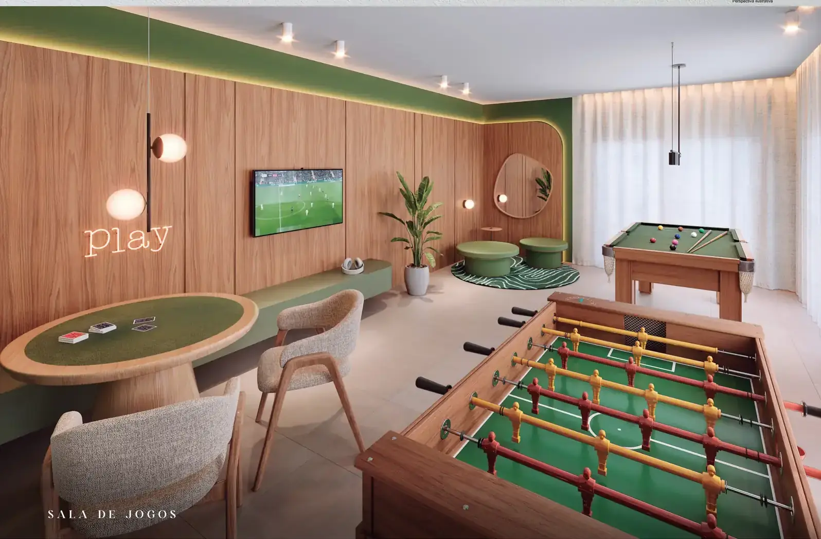 Salão de jogos com pebolim e mesa de carteado