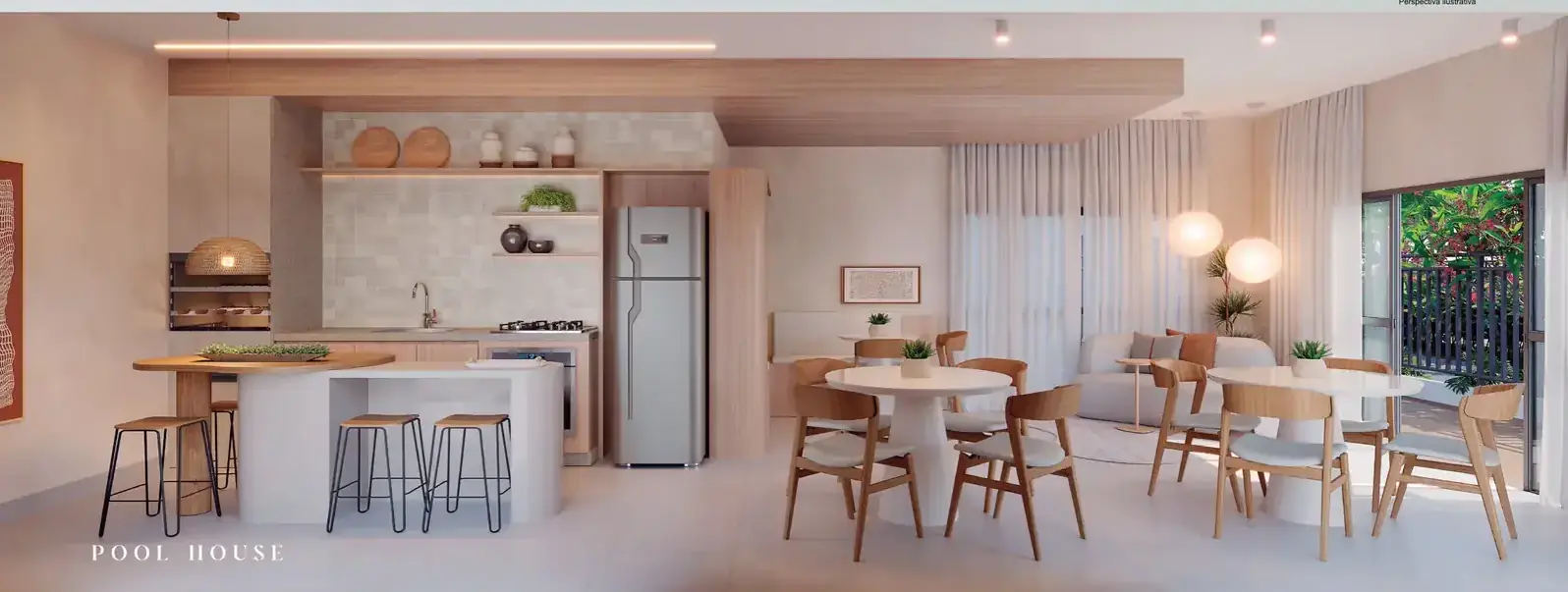Salão da Pool House com cozinha gourmet, bancada e mesas