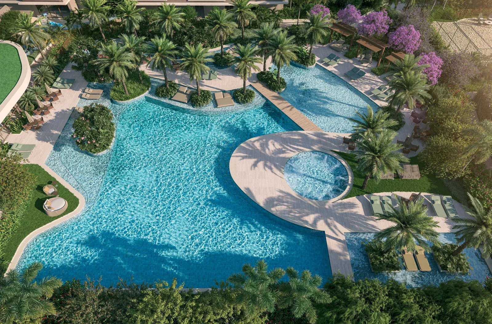 Vista do alto das piscinas do In The Park, com ilhas de jardim e árvores floridas