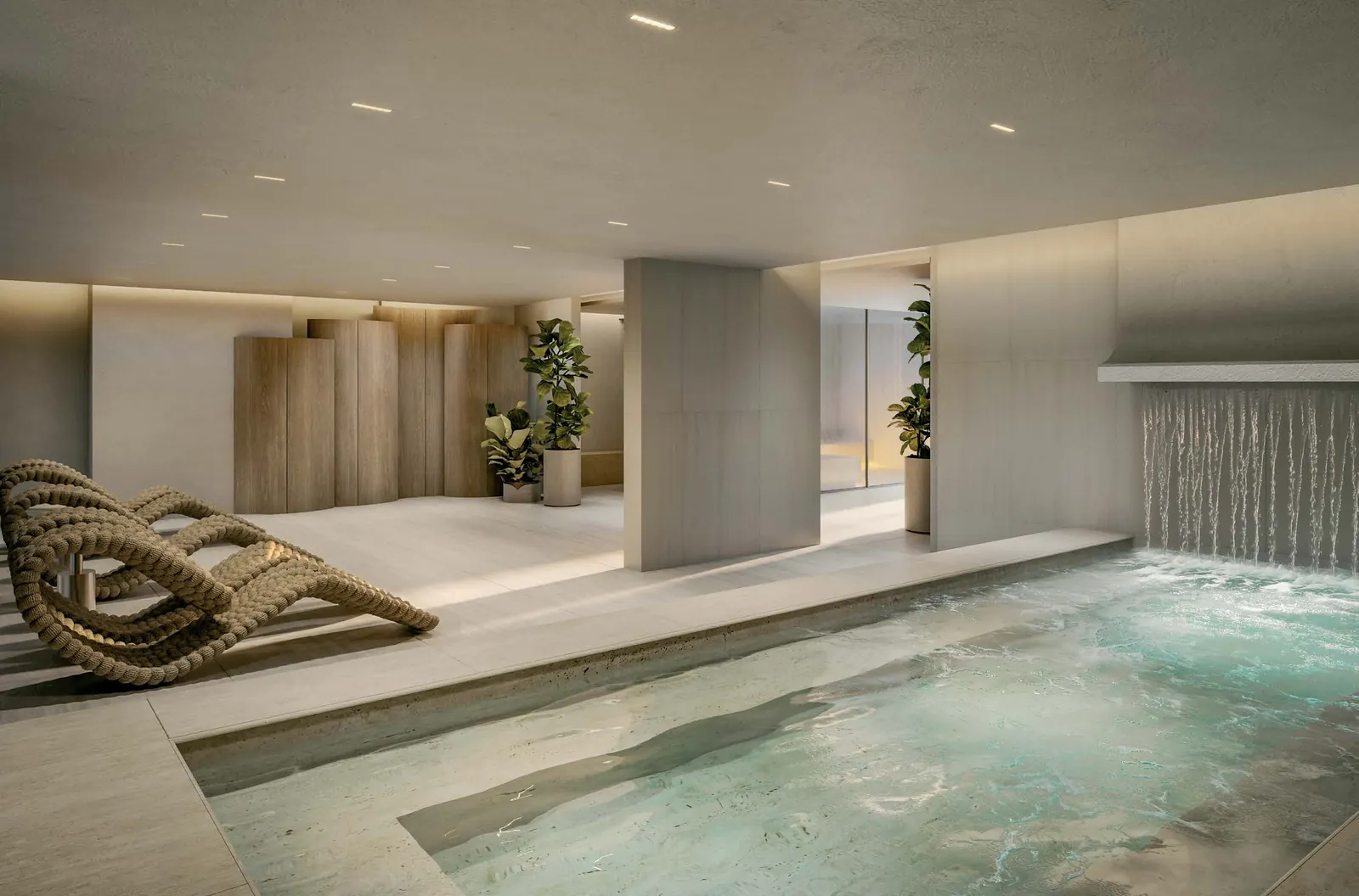 O spa coberto do In The Park, com piscina aquecida e espreguiçadeiras