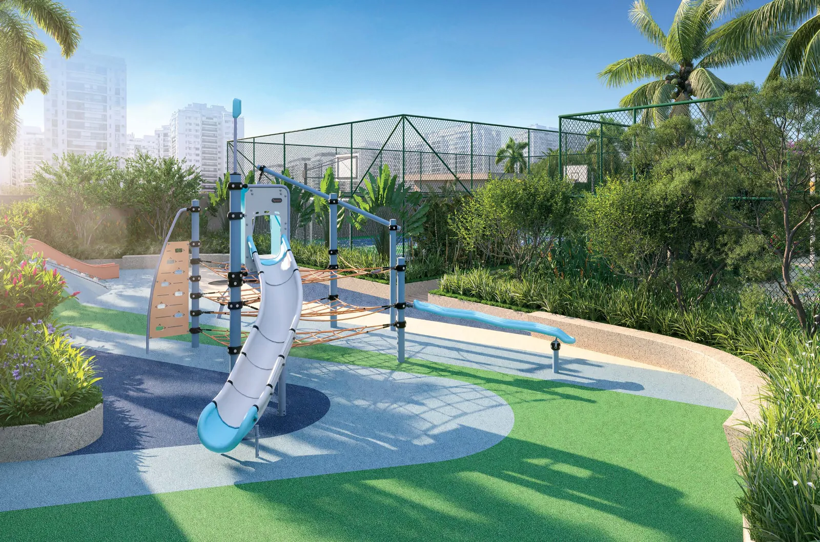 O playground do In The Park, com escorregador e jardins