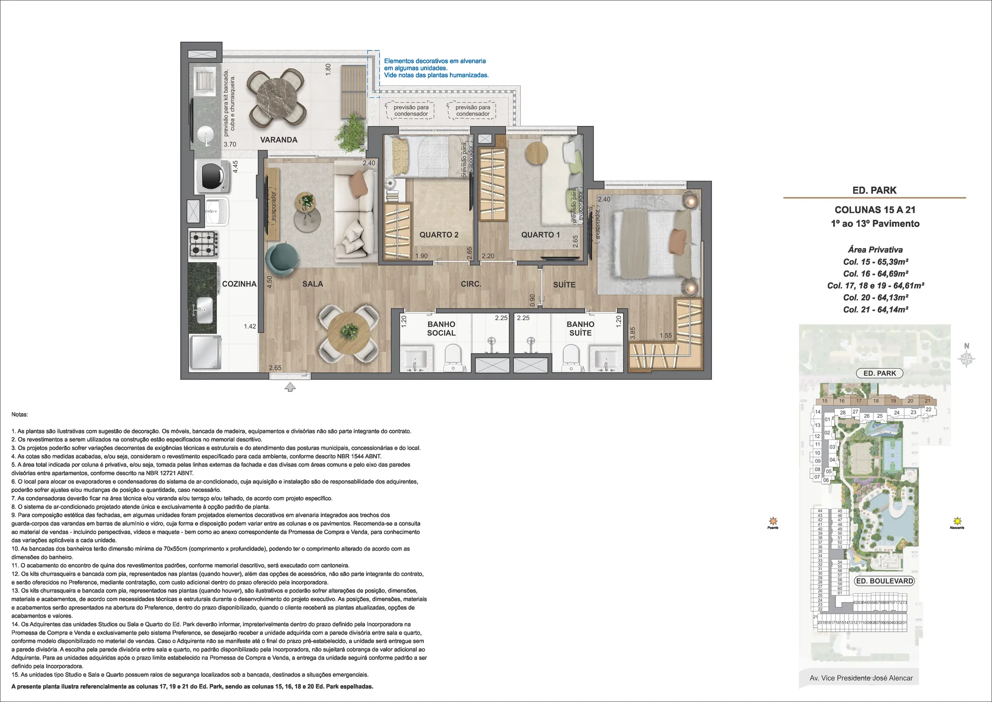 Planta humanizada: 3 quartos de 64 m² do In The Park