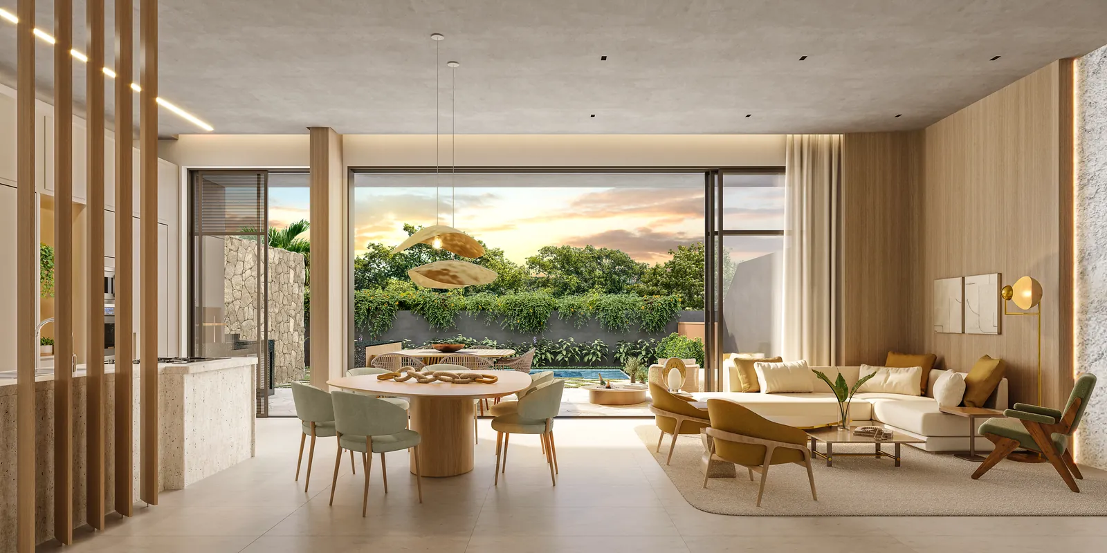 Living da Insigna House com pé-direito alto, sofás e porta de vidro para o quintal