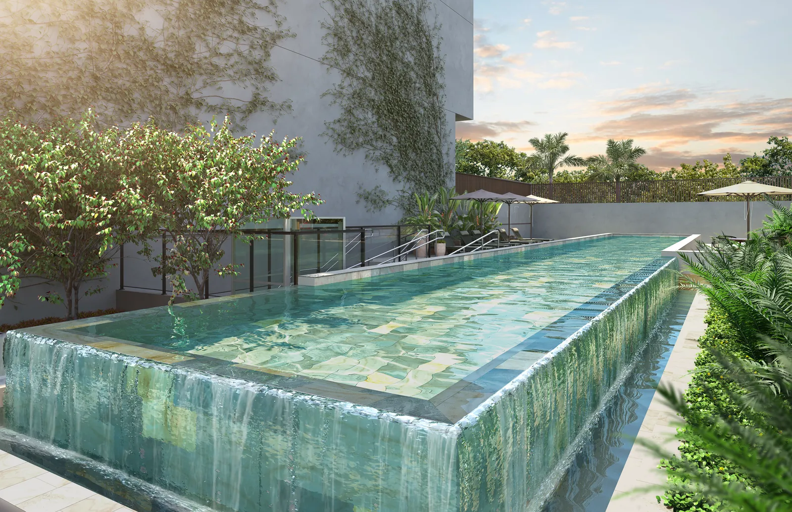 Piscina de borda infinita com cascata, vista de lado