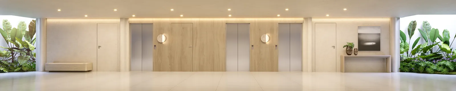 Hall comprido com portas de elevador e revestimento de madeira