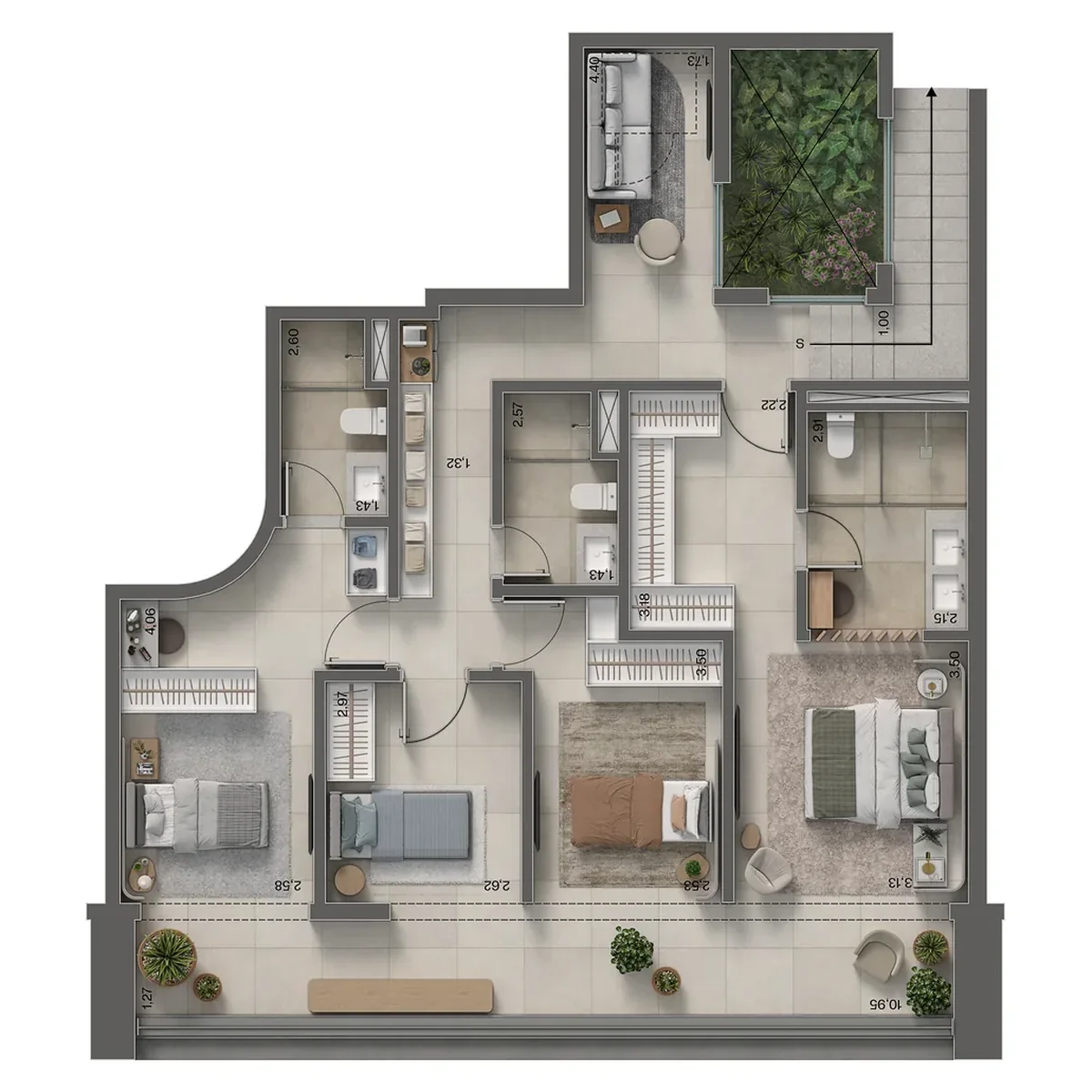 Planta humanizada: insigna house · 2 suítes + 2 quartos