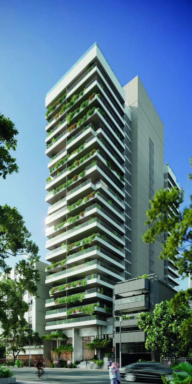 A torre do Ipa Studios na Rua Prudente de Morais, com varandas brancas e jardins