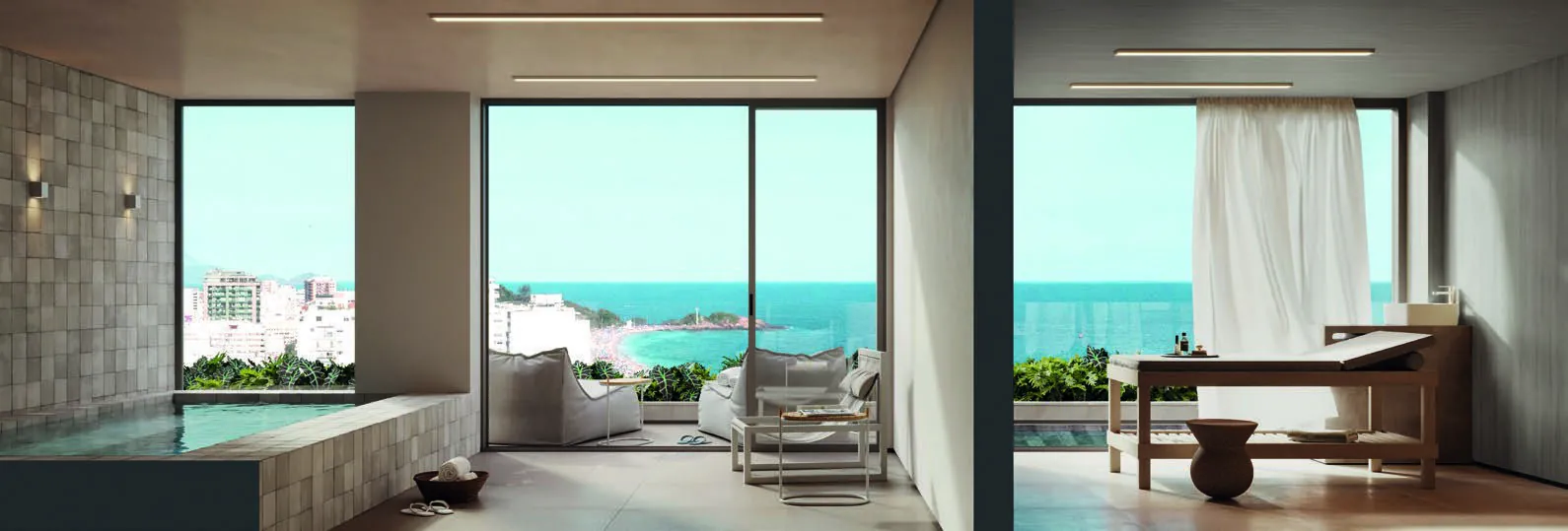 A hidromassagem e a sala de massagem do rooftop do Ipa, com vista para o mar