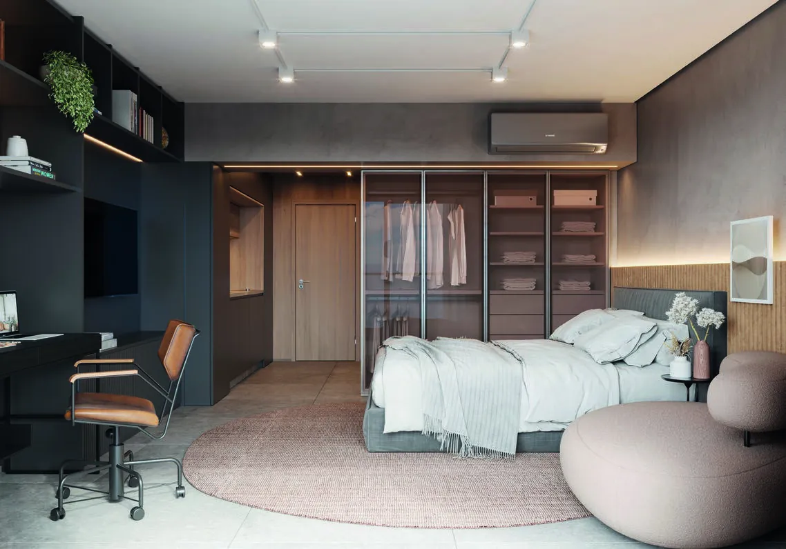 O quarto de um studio do Ipa, com cama e closet