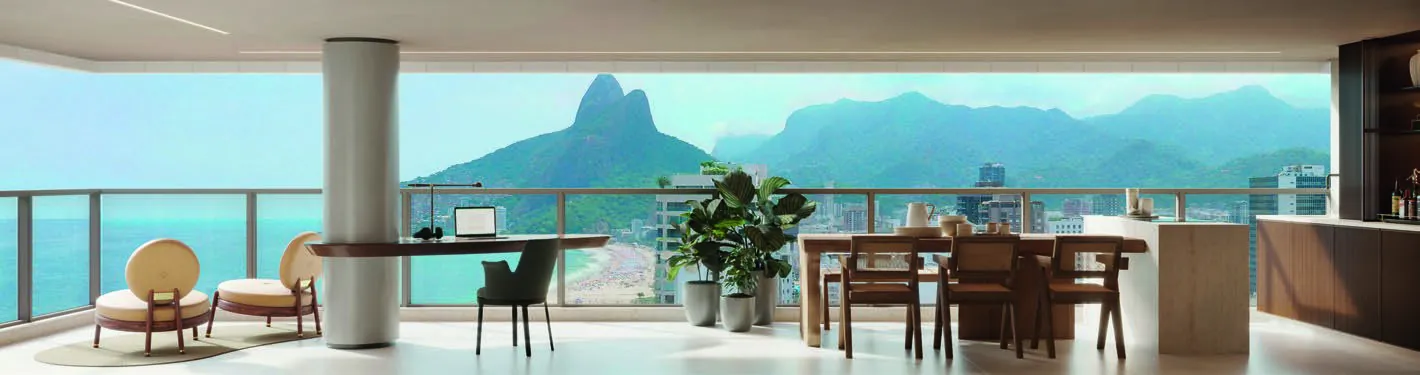 Um studio do Ipa com sala, cozinha e varanda integradas