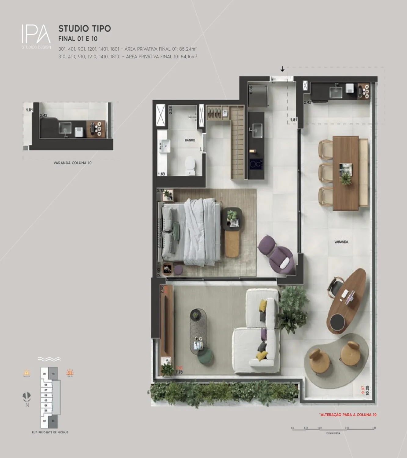 Planta humanizada: studios de 84 e 85 m² do Ipa