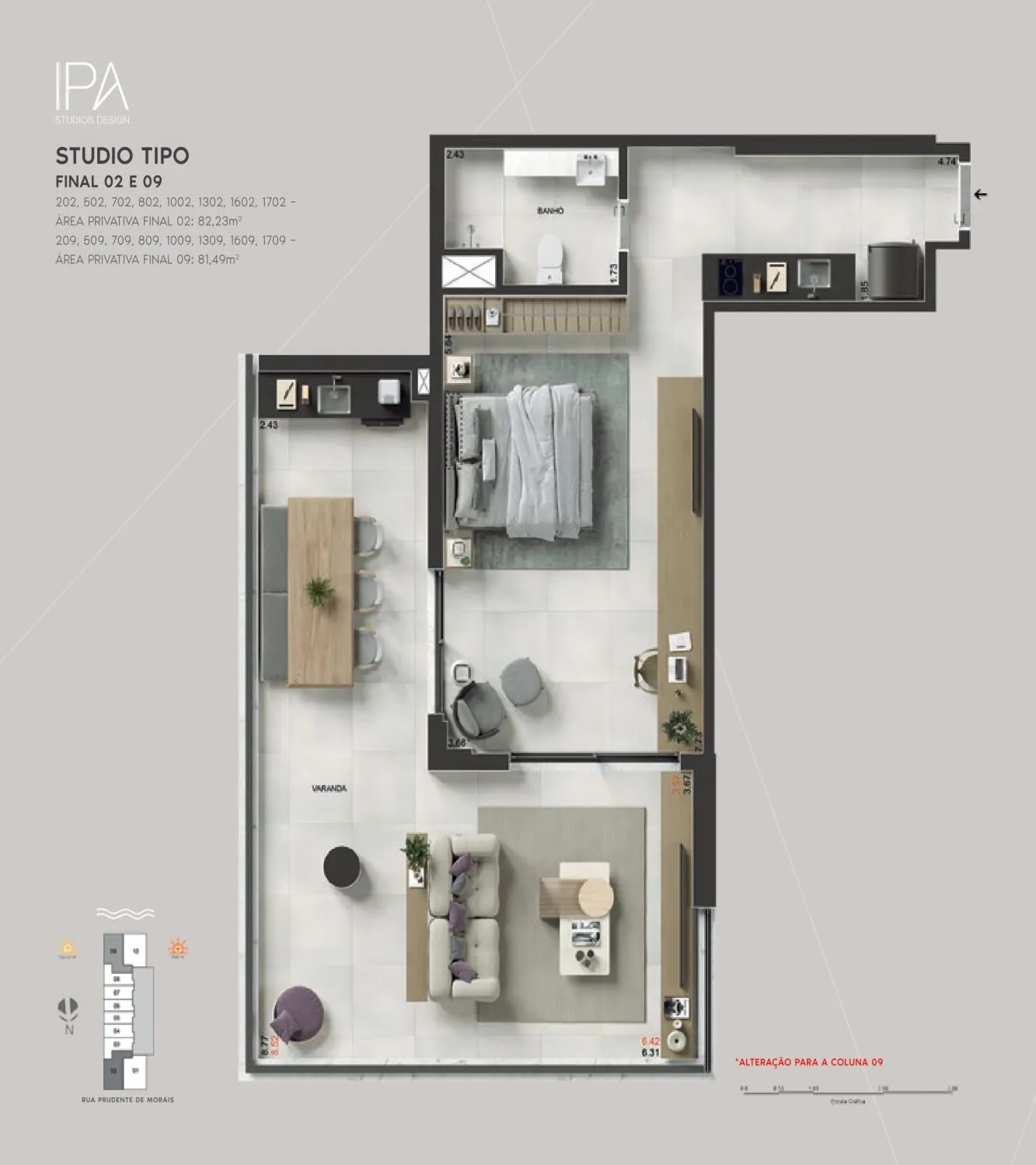 Planta humanizada: studios de 81 e 82 m² do Ipa