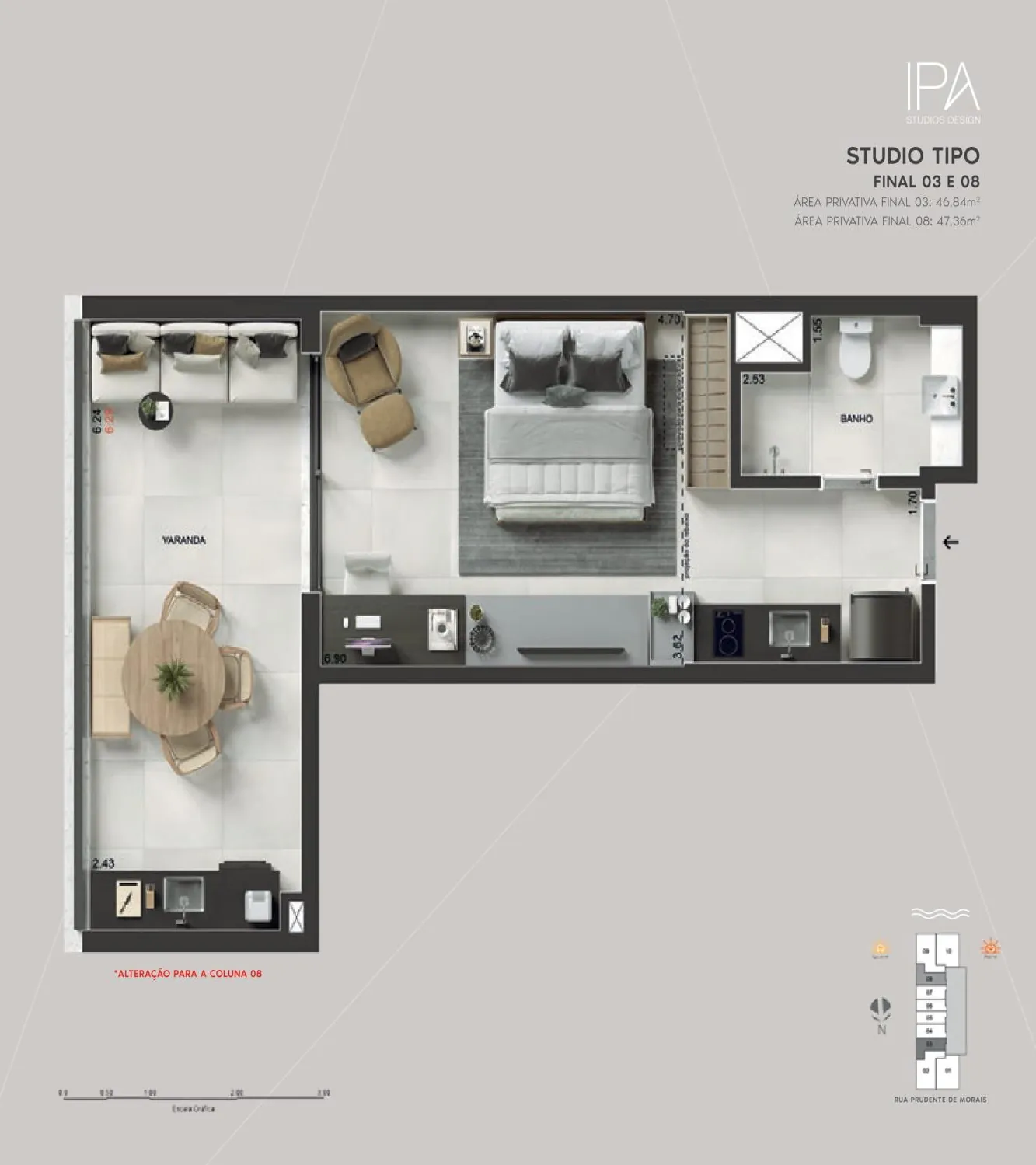 Planta humanizada: studio de 47 m² do Ipa