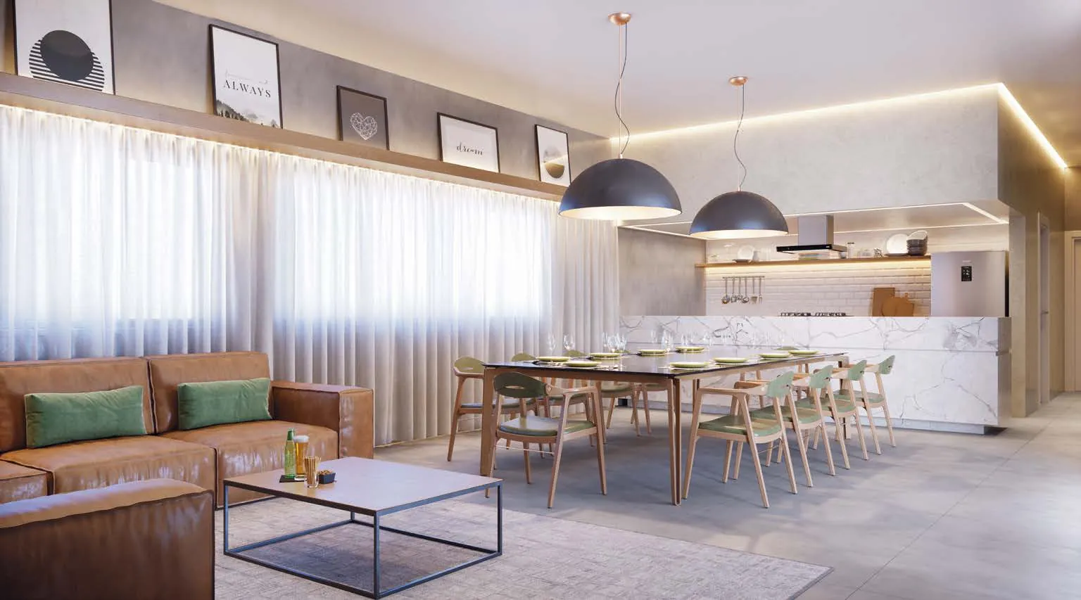 O espaço gourmet do Jardim da Barra, com mesa comprida e cozinha