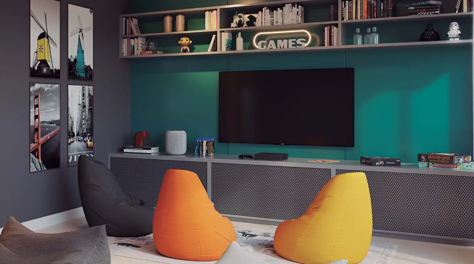 A game zone do Jardim da Barra, com TV e pufes