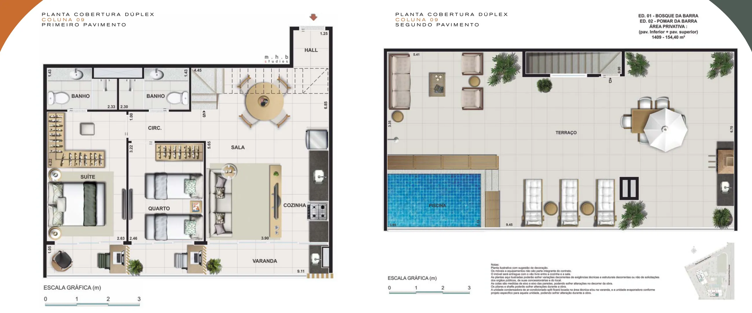 Planta humanizada: cobertura duplex de 3 quartos do Jardim da Barra