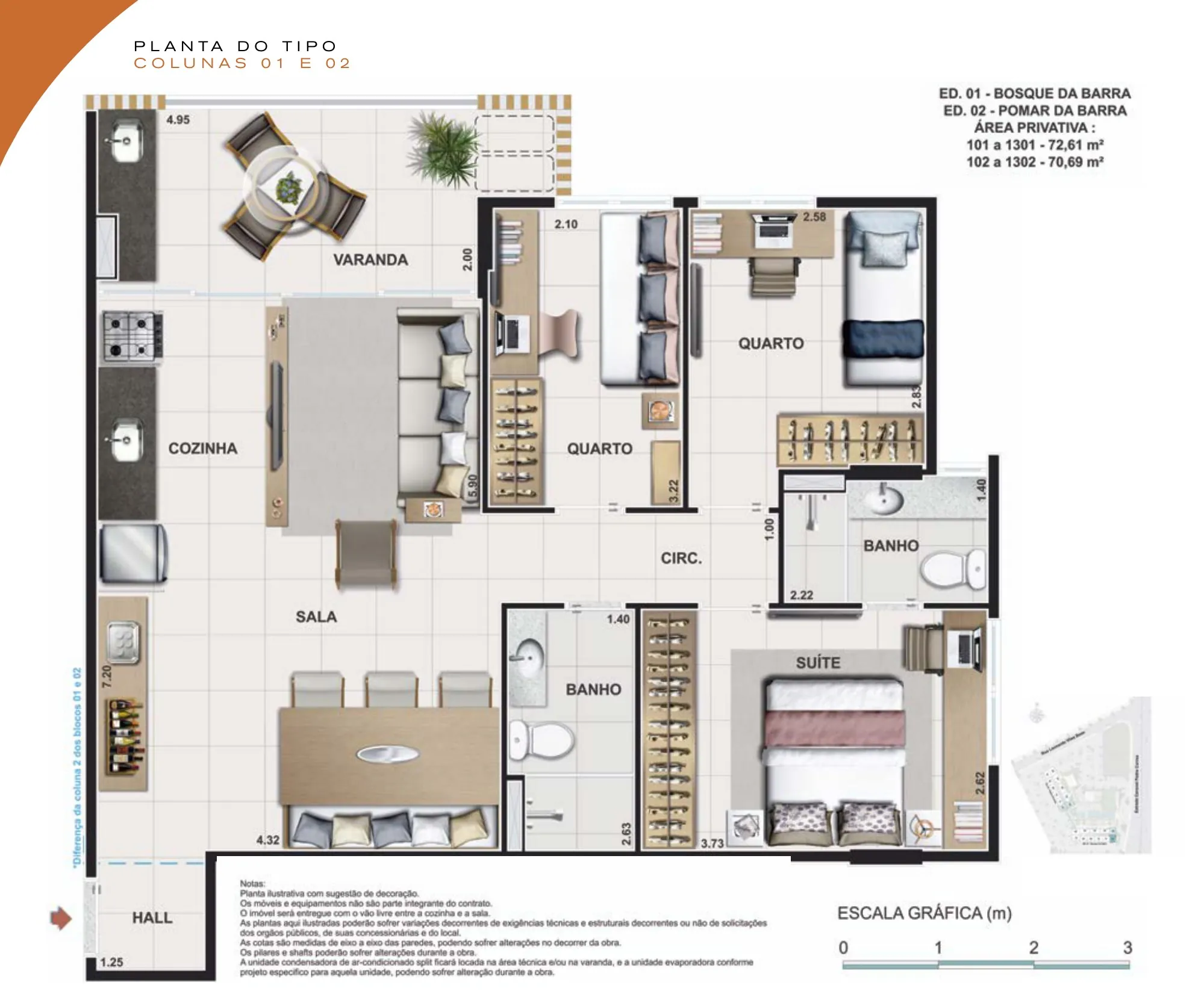 Planta humanizada: 3 quartos de 73 m² do Jardim da Barra